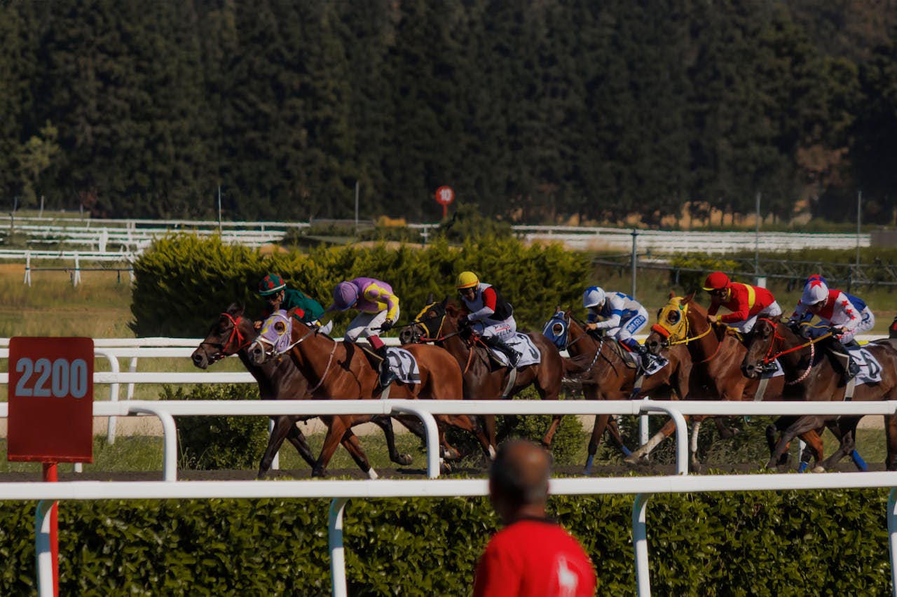 Jockeys racing horses on a sunny day at the track, capturing intense competition and speed.